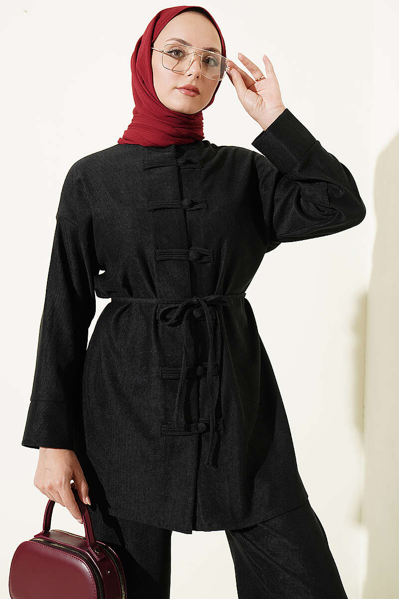 Two-Piece Set with Rivet Buttons and Tie Cord - Black