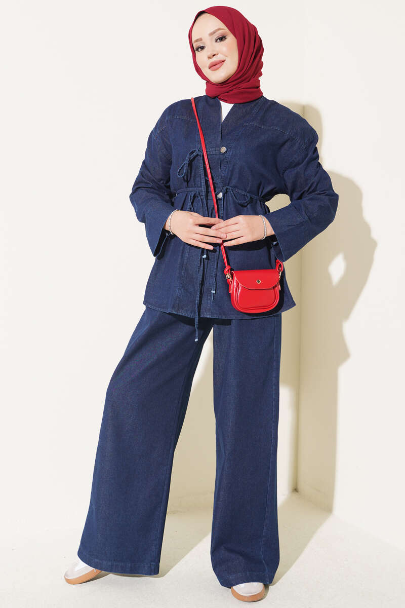 Denim Two-Piece Set with Tie Cord - Dark Blue