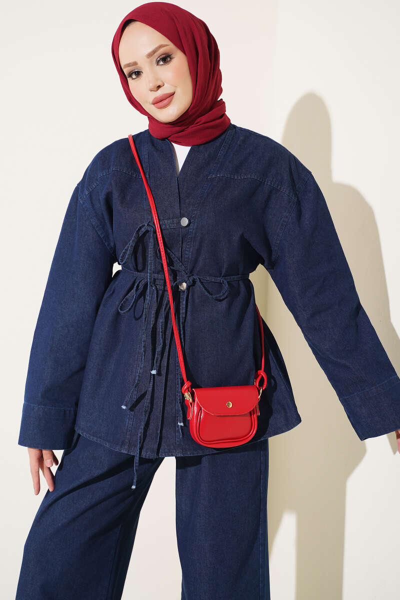 Denim Two-Piece Set with Tie Cord - Dark Blue
