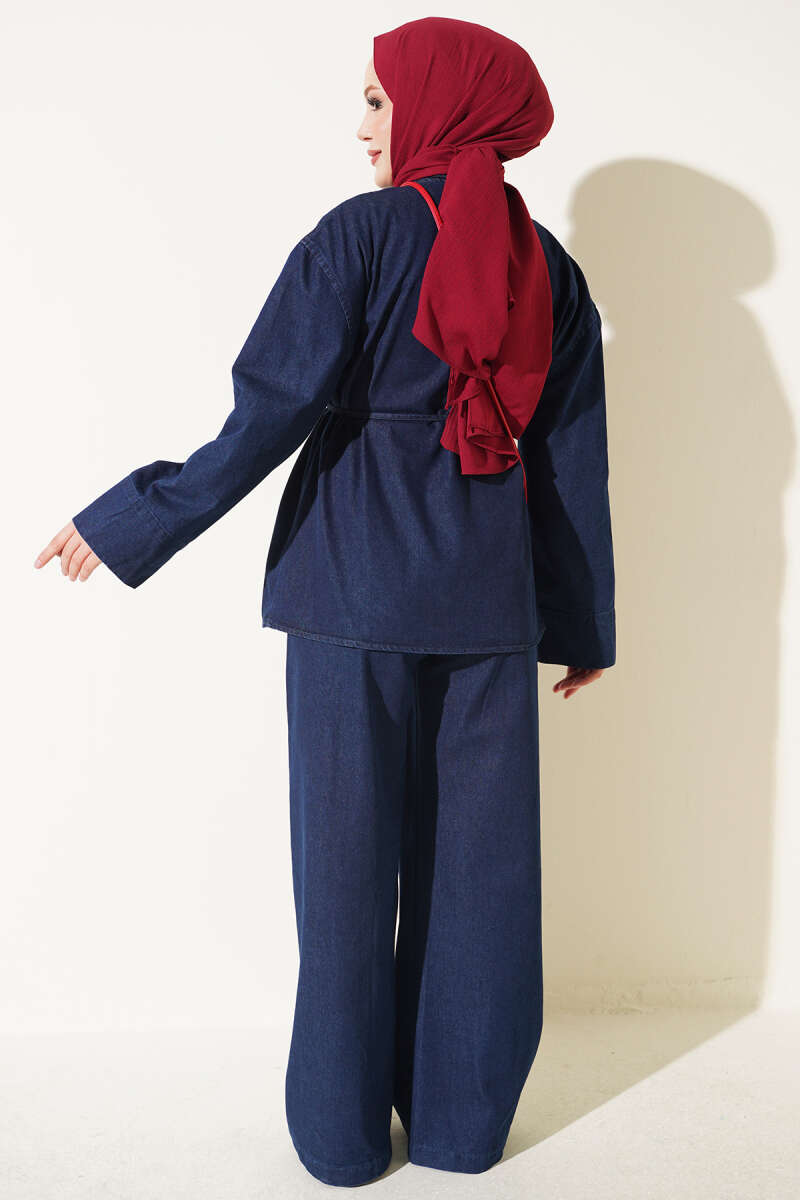 Denim Two-Piece Set with Tie Cord - Dark Blue