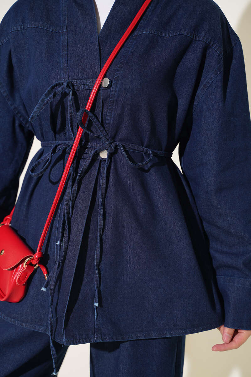 Denim Two-Piece Set with Tie Cord - Dark Blue