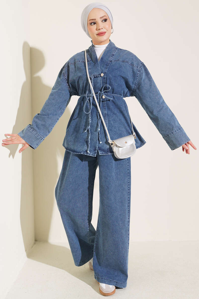 Denim Two-Piece Set with Tie Cord - Blue