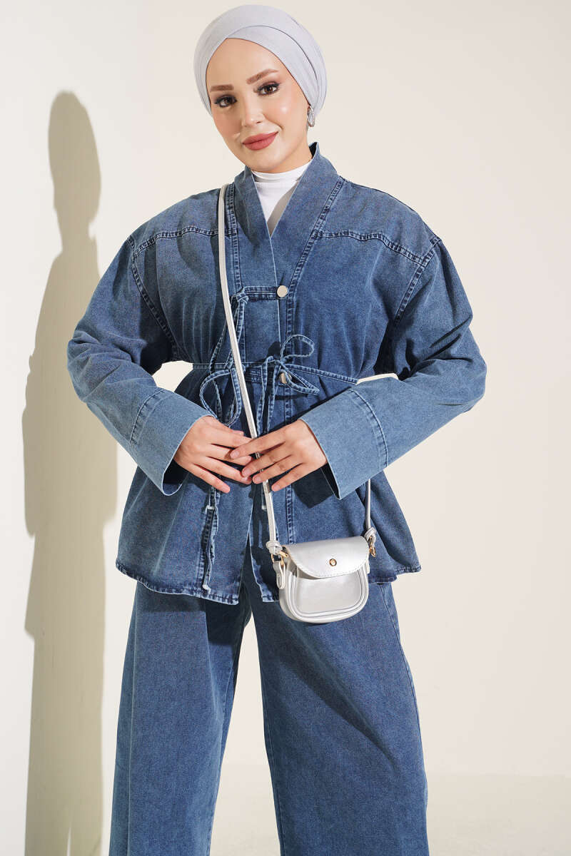 Denim Two-Piece Set with Tie Cord - Blue