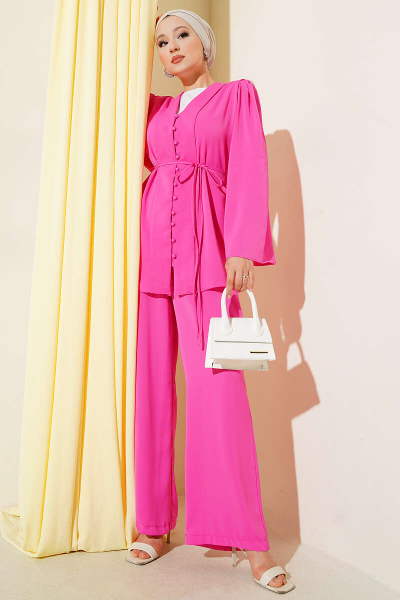 Tunic Two-Piece Set with Rivet Buttons and Tie Belt - Fuchsia