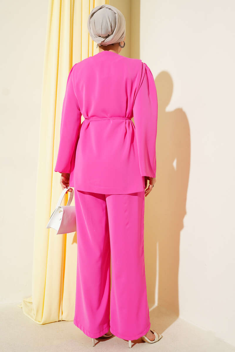 Tunic Two-Piece Set with Rivet Buttons and Tie Belt - Fuchsia