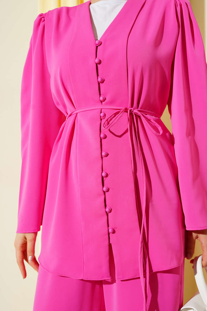 Tunic Two-Piece Set with Rivet Buttons and Tie Belt - Fuchsia