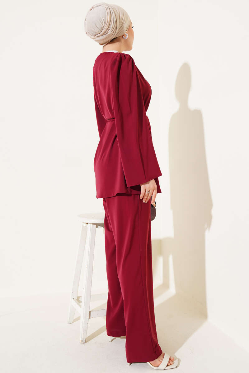Tunic Two-Piece Set with Rivet Buttons and Tie Belt - Burgundy