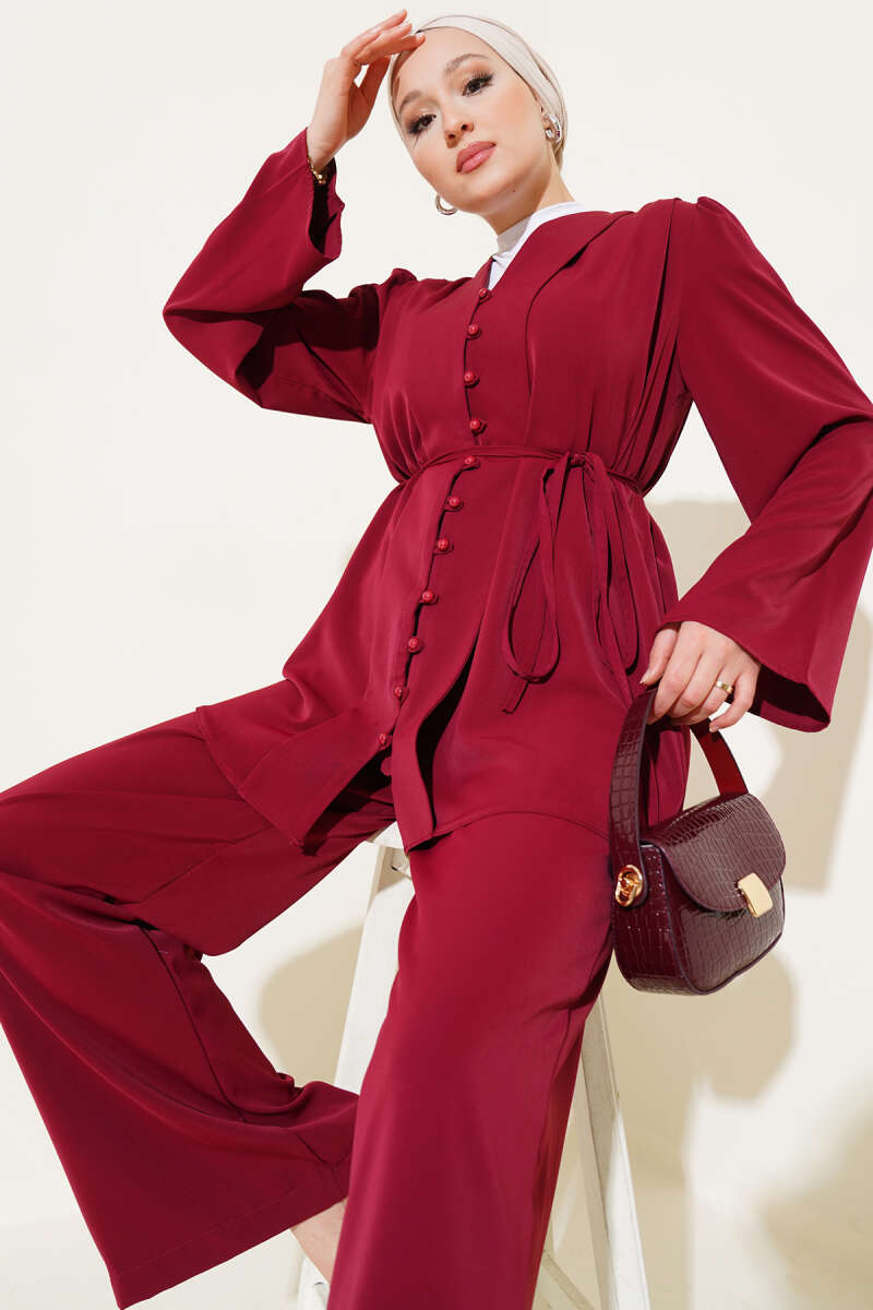 Tunic Two-Piece Set with Rivet Buttons and Tie Belt - Burgundy