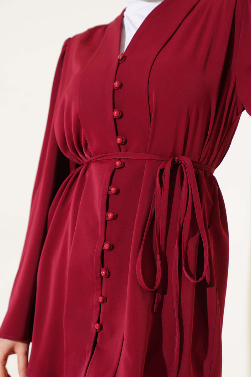 Tunic Two-Piece Set with Rivet Buttons and Tie Belt - Burgundy