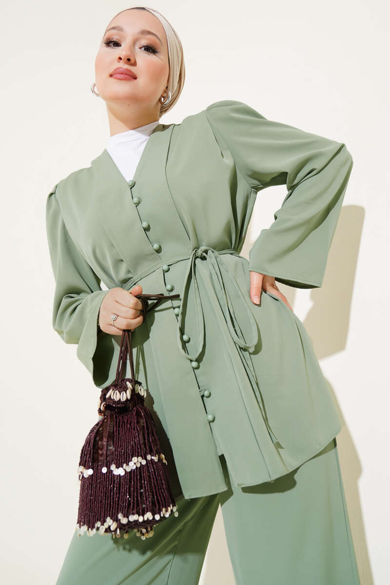 Tunic Two-Piece Set with Rivet Buttons and Tie Belt - Almond Green