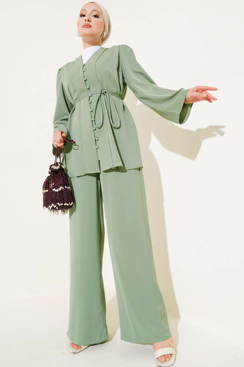 Tunic Two-Piece Set with Rivet Buttons and Tie Belt - Almond Green