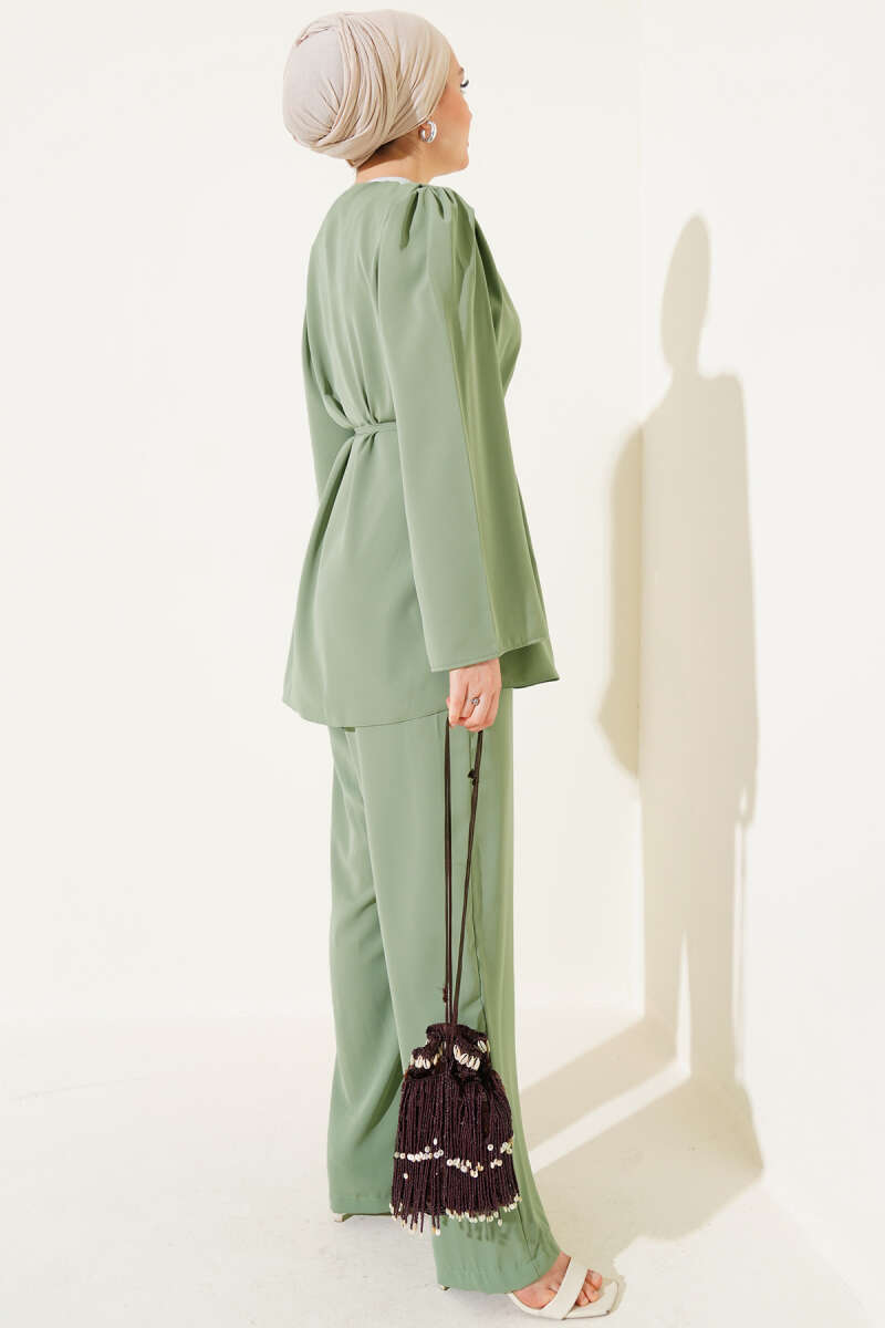 Tunic Two-Piece Set with Rivet Buttons and Tie Belt - Almond Green