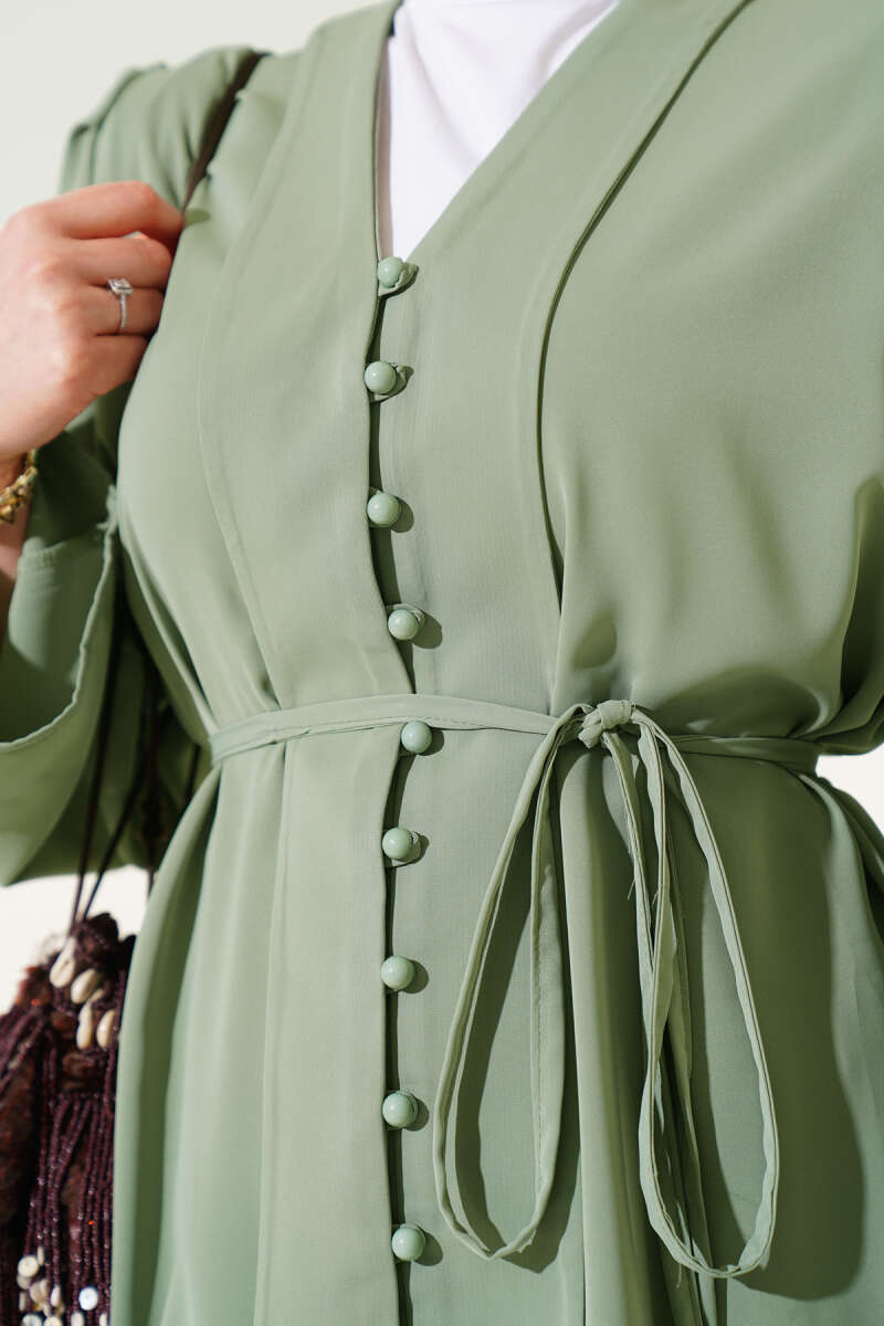Tunic Two-Piece Set with Rivet Buttons and Tie Belt - Almond Green