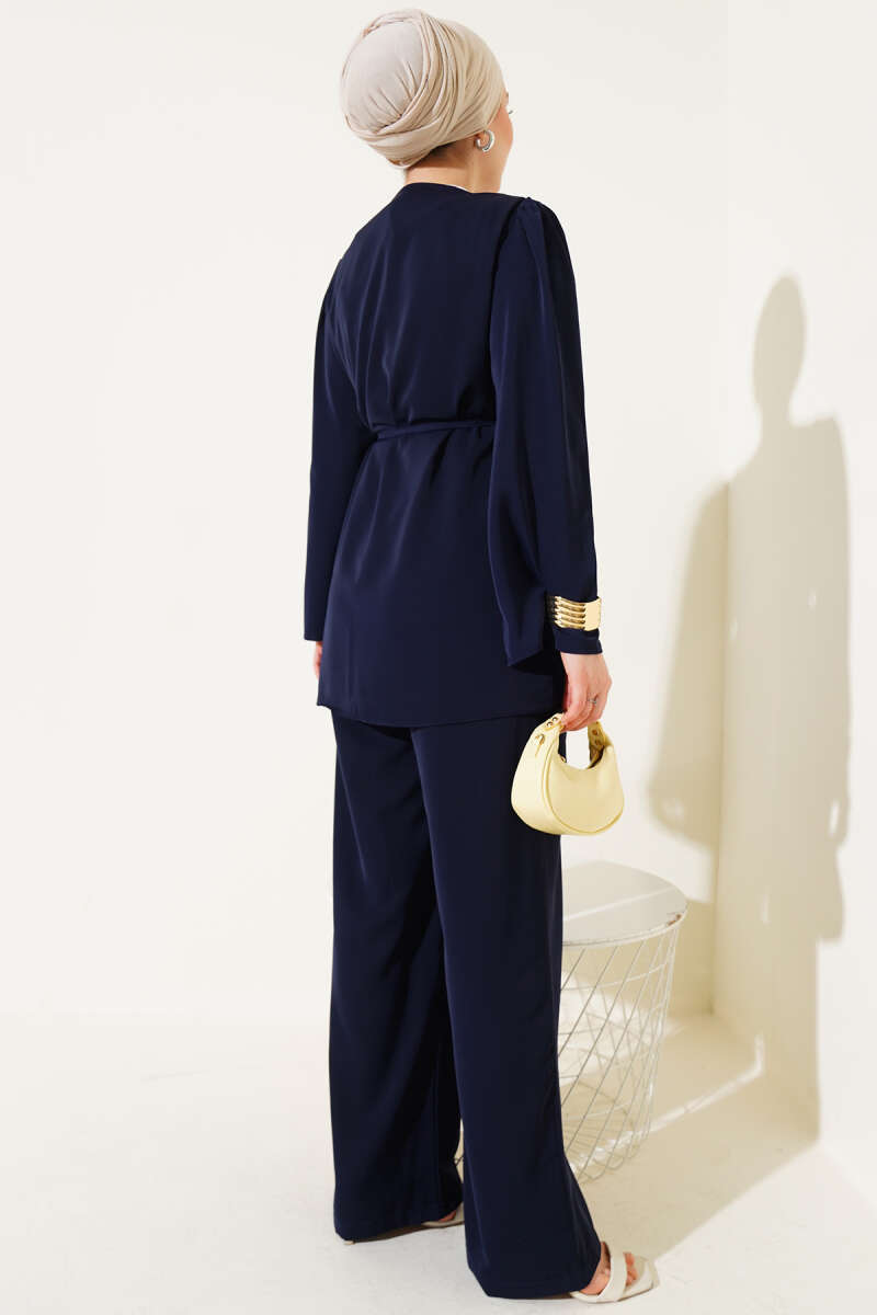 Tunic Two-Piece Set with Rivet Buttons and Tie Belt - Navy