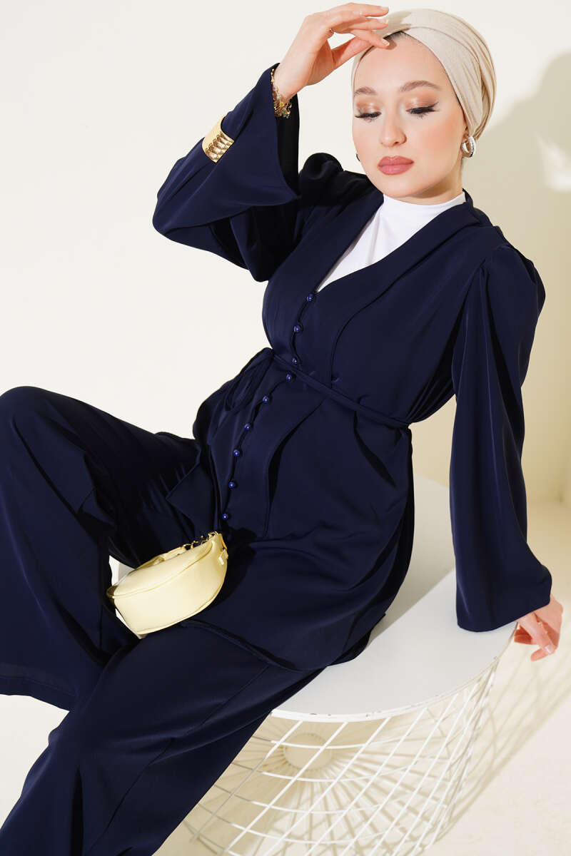 Tunic Two-Piece Set with Rivet Buttons and Tie Belt - Navy