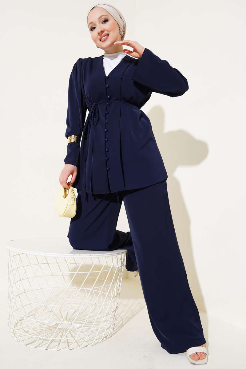Tunic Two-Piece Set with Rivet Buttons and Tie Belt - Navy