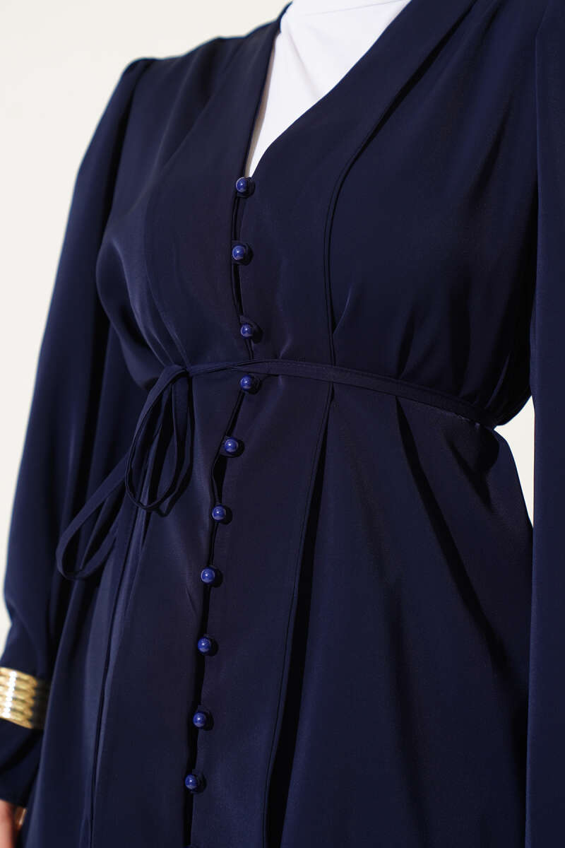 Tunic Two-Piece Set with Rivet Buttons and Tie Belt - Navy