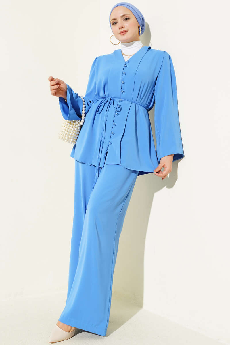Tunic Two-Piece Set with Rivet Buttons and Tie Belt - Blue