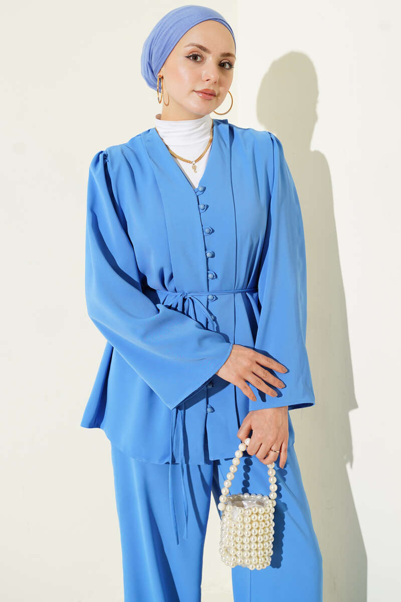 Tunic Two-Piece Set with Rivet Buttons and Tie Belt - Blue