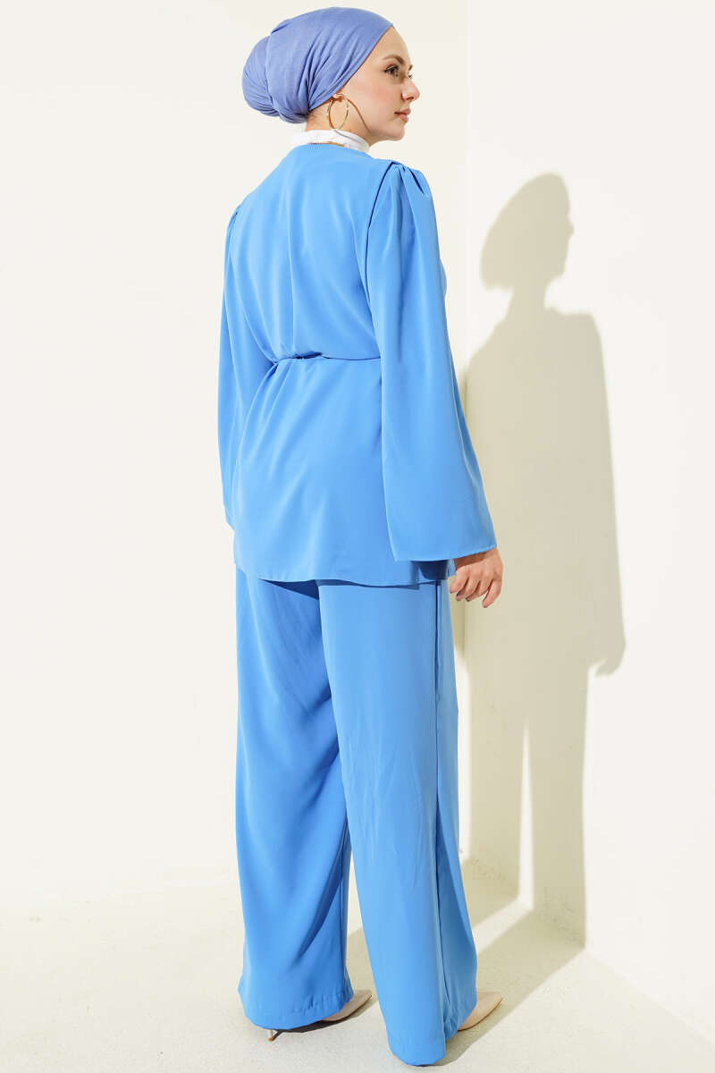 Tunic Two-Piece Set with Rivet Buttons and Tie Belt - Blue
