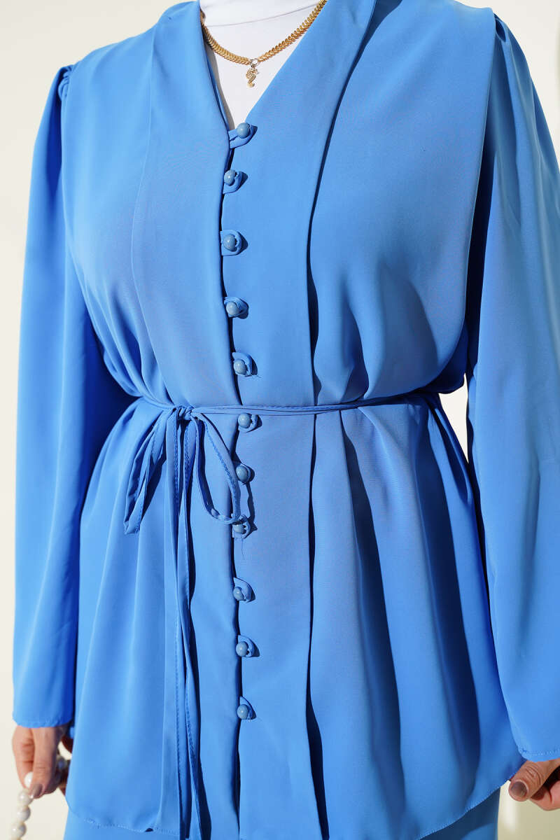 Tunic Two-Piece Set with Rivet Buttons and Tie Belt - Blue