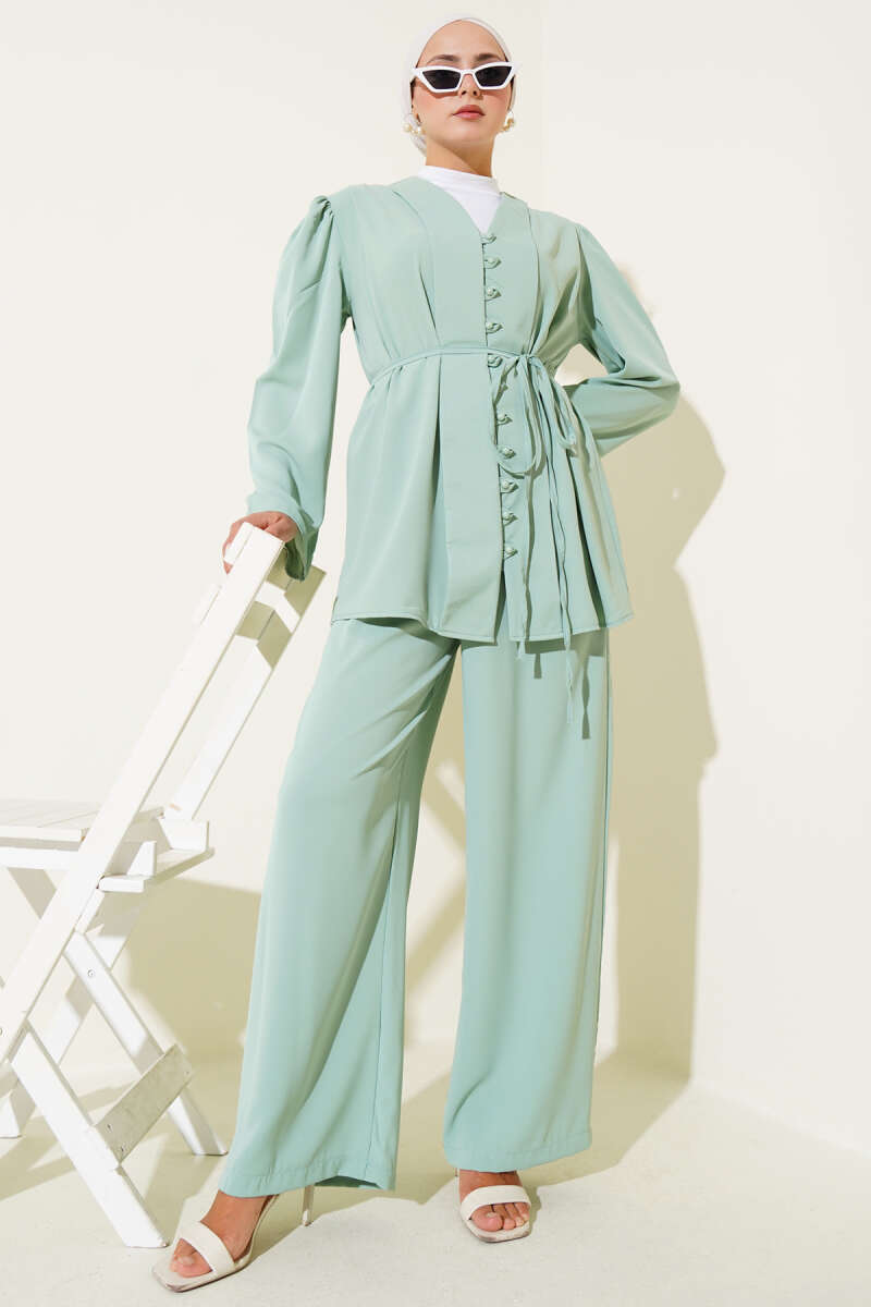 Tunic Two-Piece Set with Rivet Buttons and Tie Belt - Mint