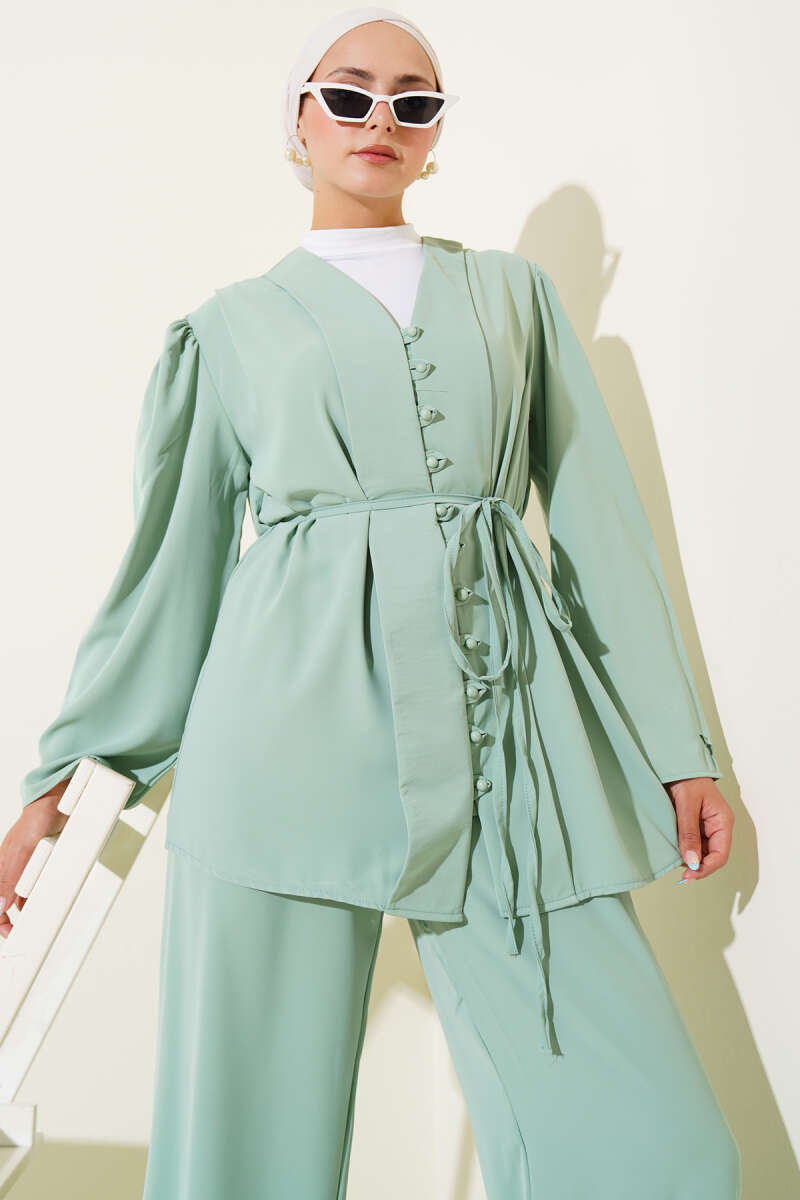 Tunic Two-Piece Set with Rivet Buttons and Tie Belt - Mint