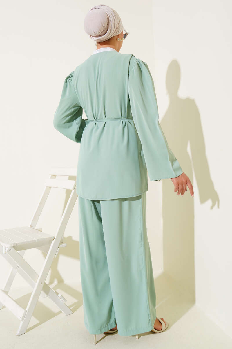 Tunic Two-Piece Set with Rivet Buttons and Tie Belt - Mint