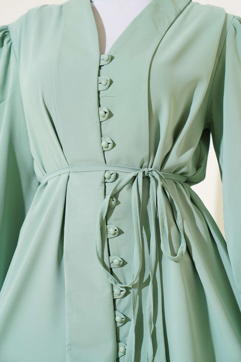 Tunic Two-Piece Set with Rivet Buttons and Tie Belt - Mint