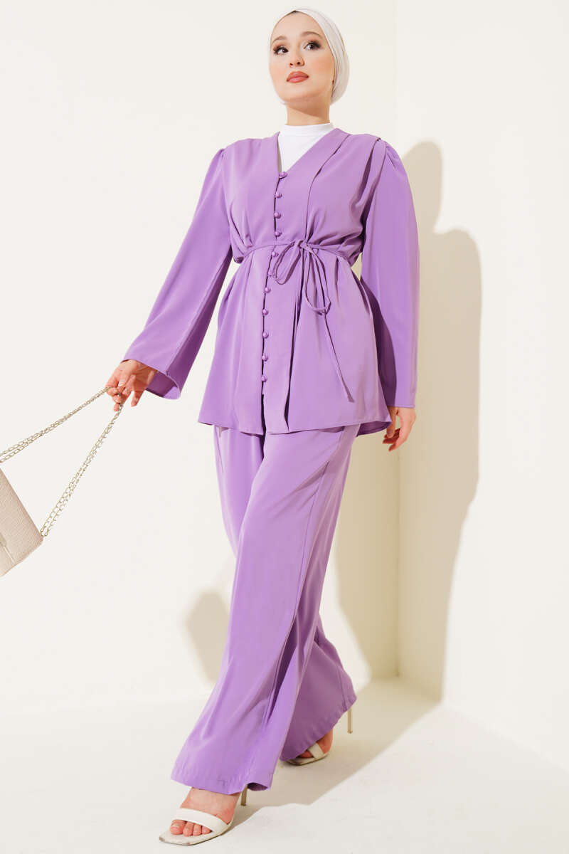 Tunic Two-Piece Set with Rivet Buttons and Tie Belt - Purple