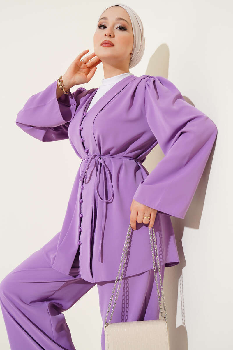 Tunic Two-Piece Set with Rivet Buttons and Tie Belt - Purple