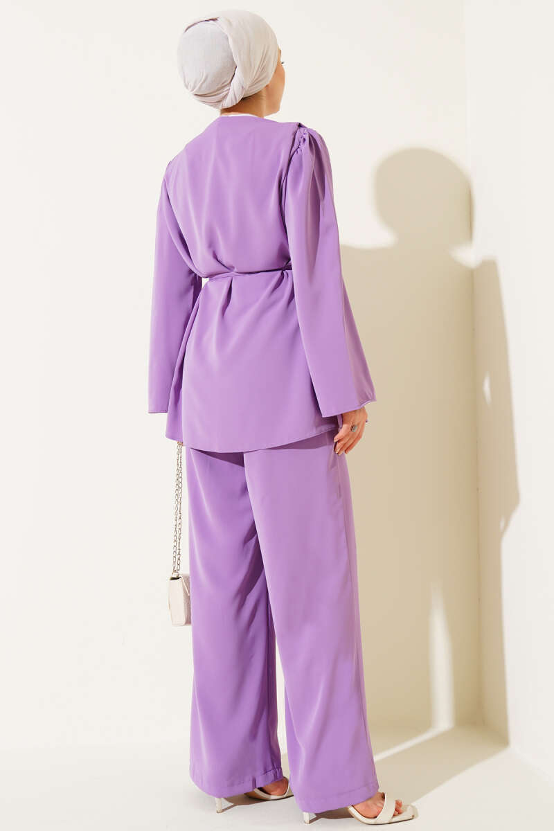 Tunic Two-Piece Set with Rivet Buttons and Tie Belt - Purple