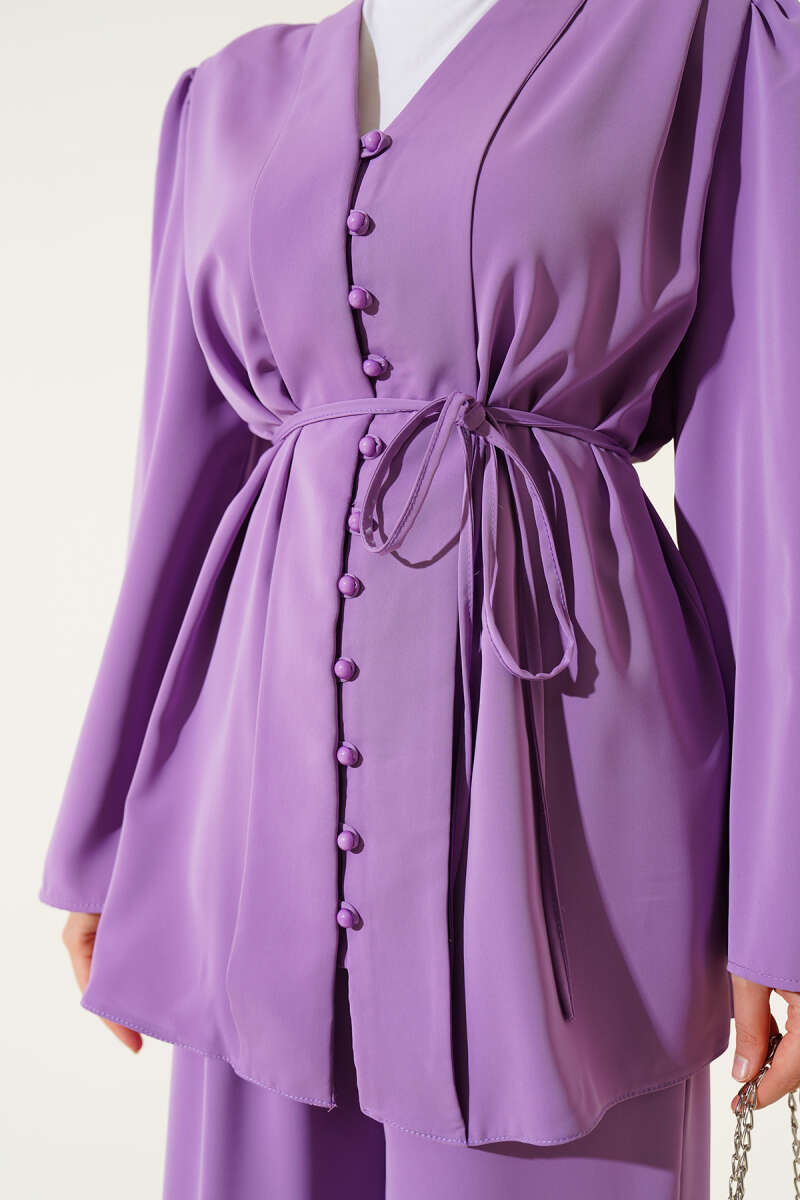 Tunic Two-Piece Set with Rivet Buttons and Tie Belt - Purple