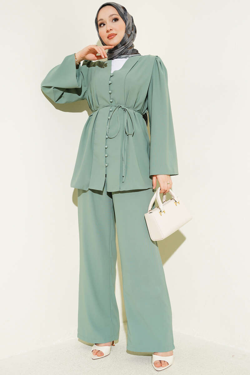 Tunic Two-Piece Set with Rivet Buttons and Tie Belt - Persian Green