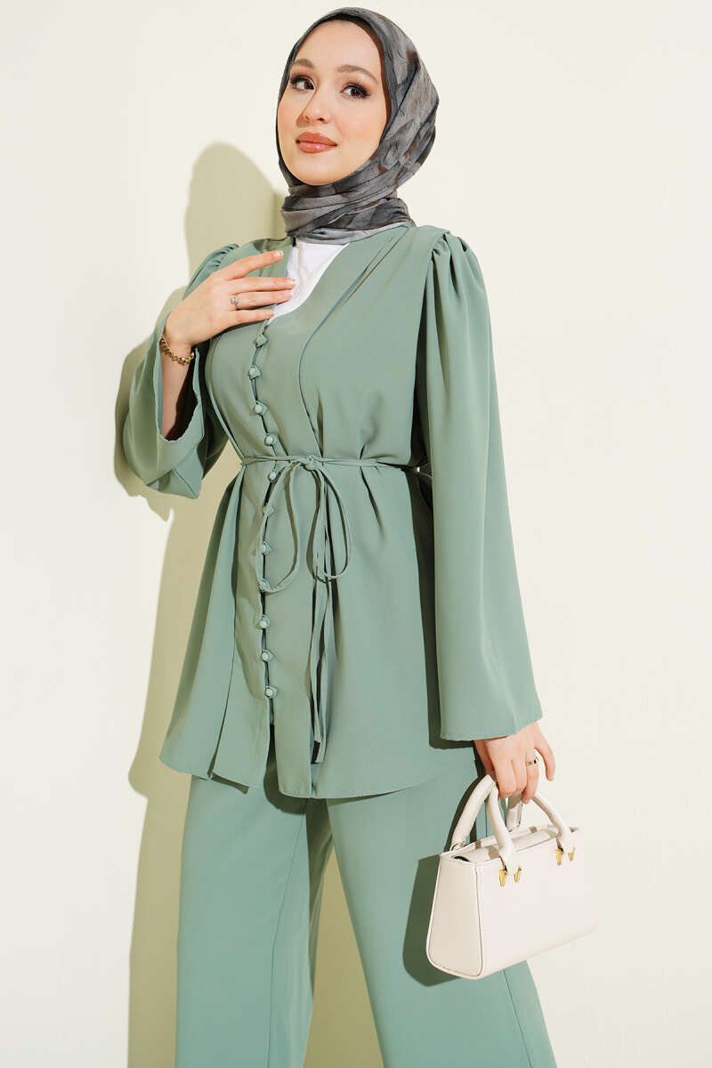 Tunic Two-Piece Set with Rivet Buttons and Tie Belt - Persian Green