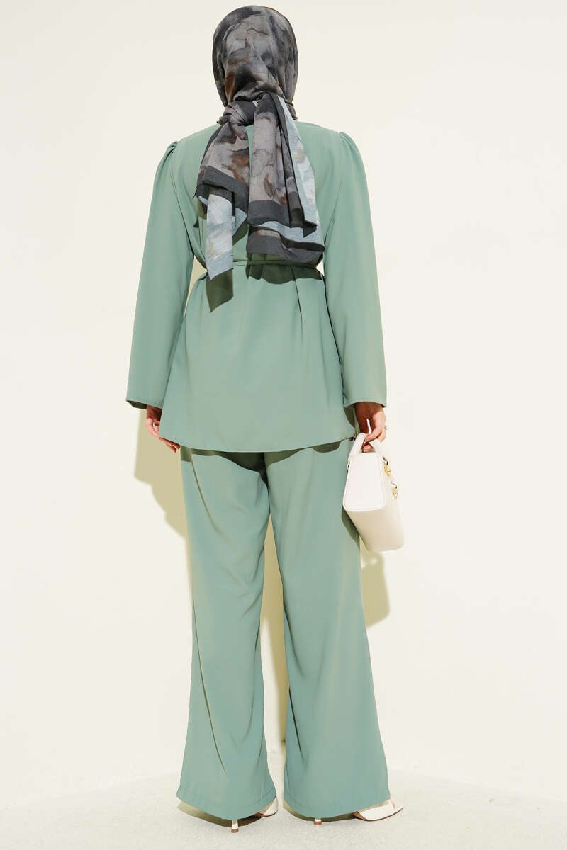 Tunic Two-Piece Set with Rivet Buttons and Tie Belt - Persian Green