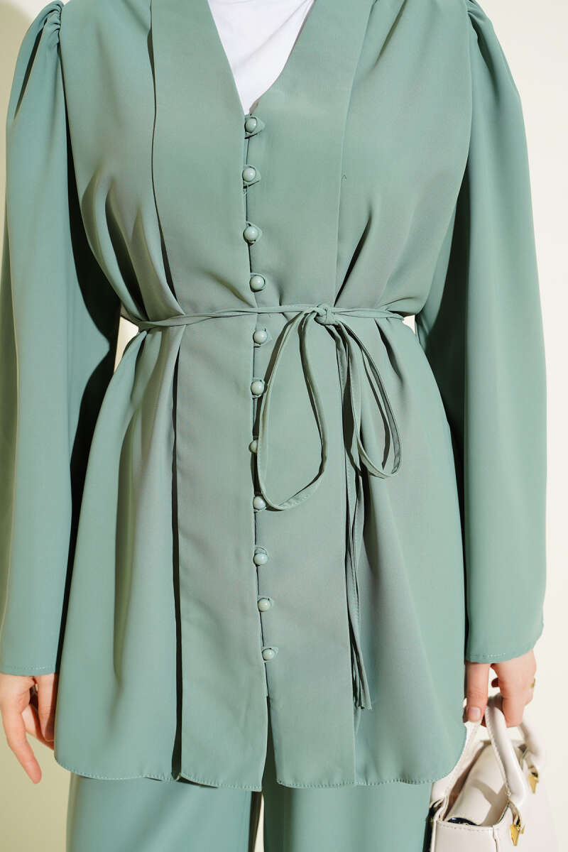 Tunic Two-Piece Set with Rivet Buttons and Tie Belt - Persian Green