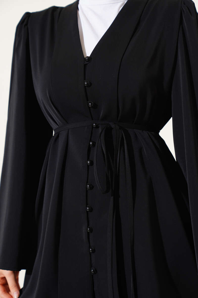 Tunic Two-Piece Set with Rivet Buttons and Tie Belt - Black