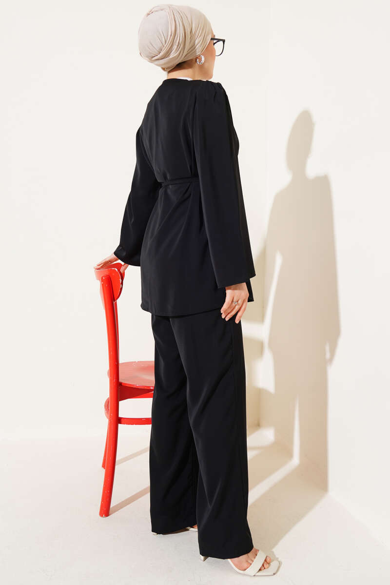 Tunic Two-Piece Set with Rivet Buttons and Tie Belt - Black