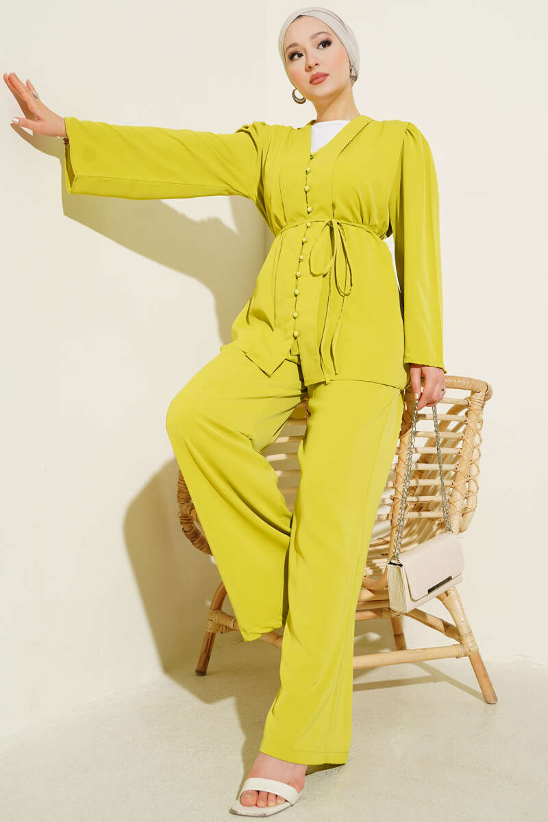 Tunic Two-Piece Set with Rivet Buttons and Tie Belt - Olive