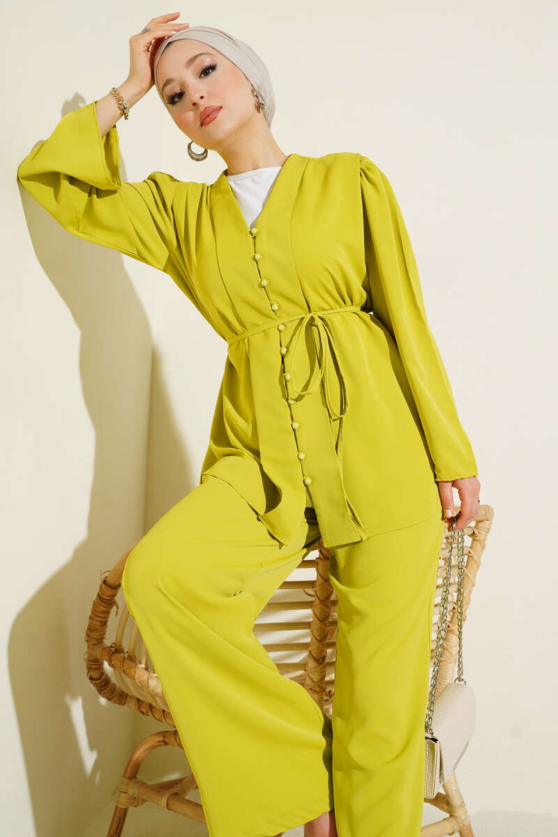 Tunic Two-Piece Set with Rivet Buttons and Tie Belt - Olive