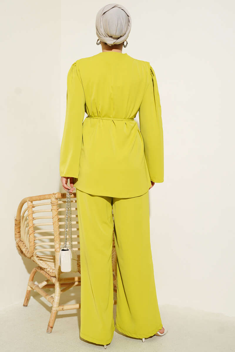 Tunic Two-Piece Set with Rivet Buttons and Tie Belt - Olive