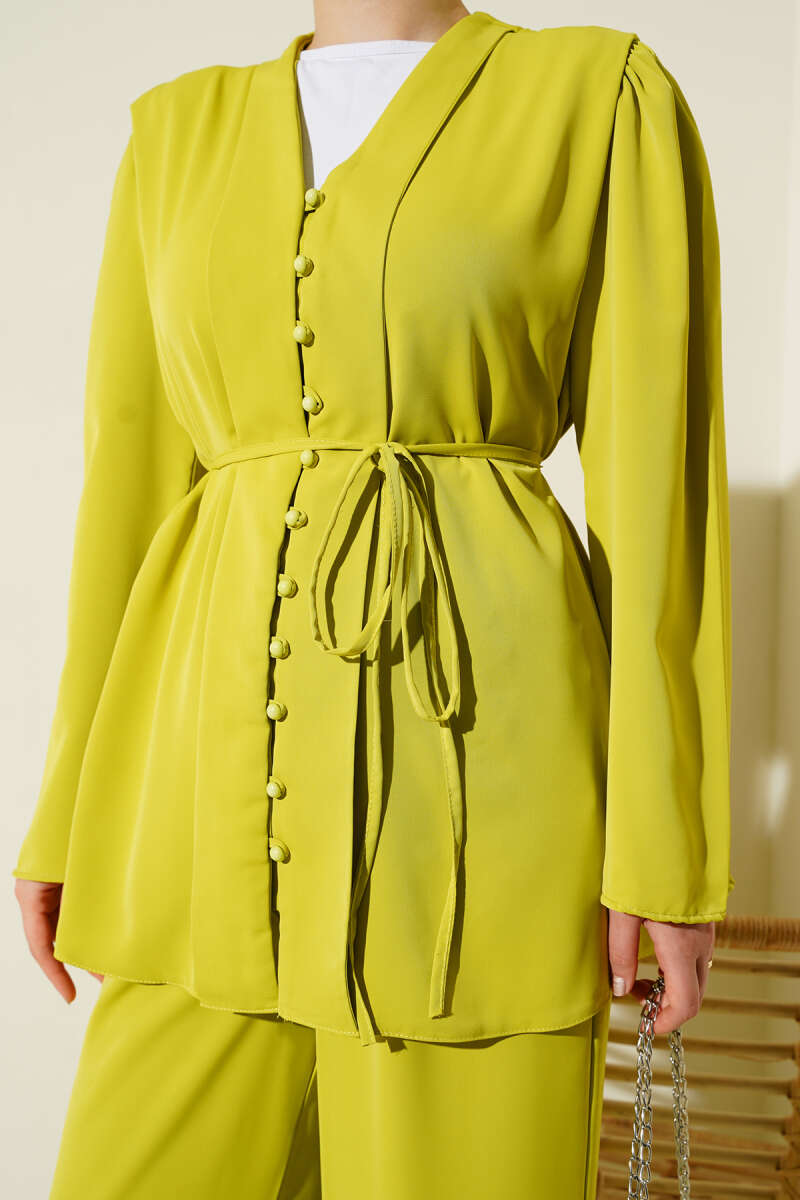 Tunic Two-Piece Set with Rivet Buttons and Tie Belt - Olive