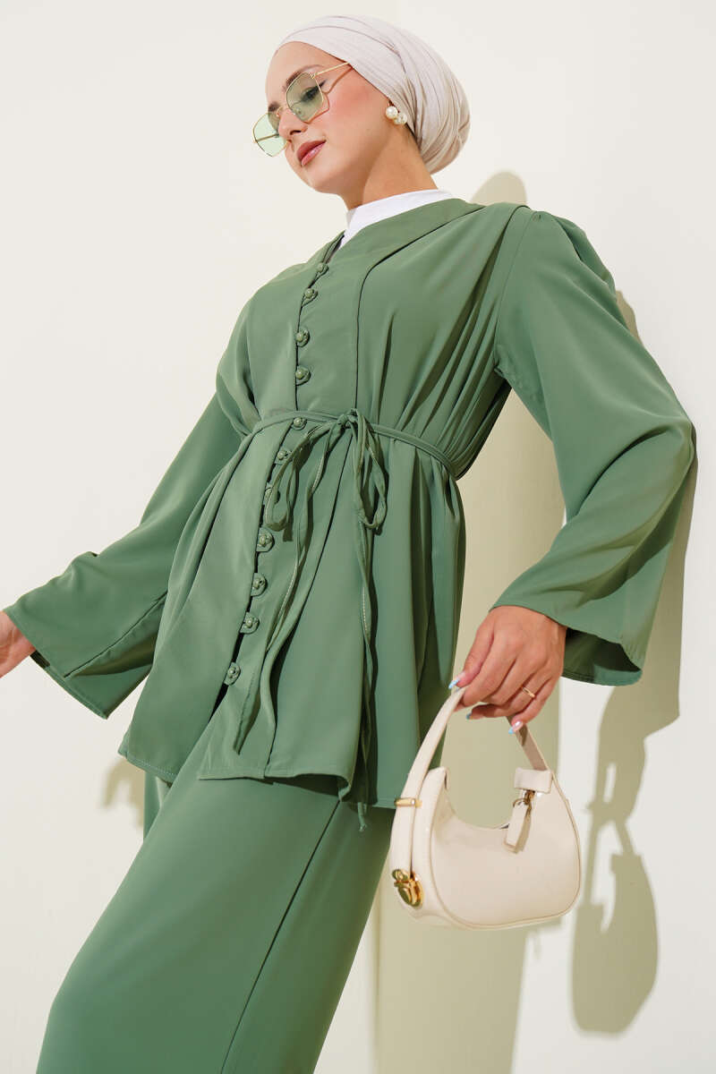 Tunic Two-Piece Set with Rivet Buttons and Tie Belt - Green
