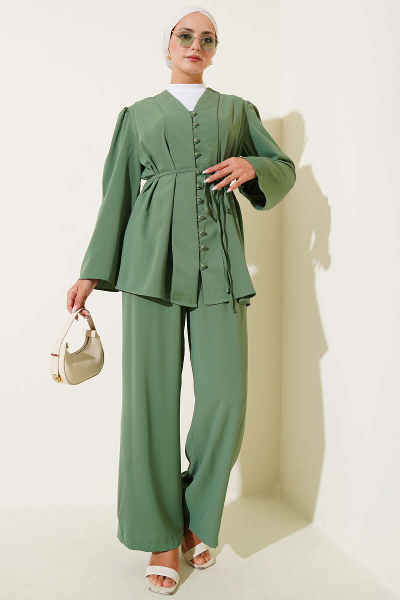 Tunic Two-Piece Set with Rivet Buttons and Tie Belt - Green