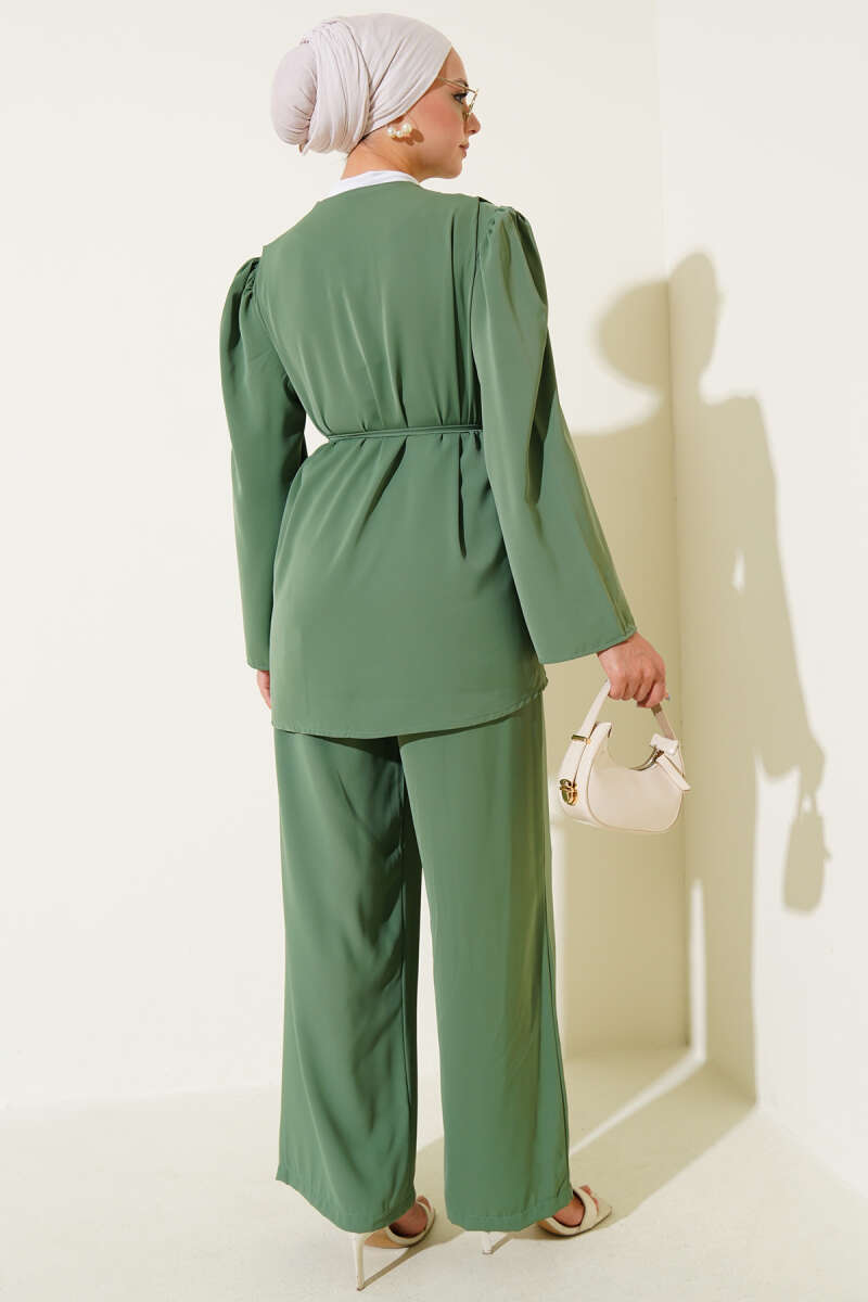 Tunic Two-Piece Set with Rivet Buttons and Tie Belt - Green