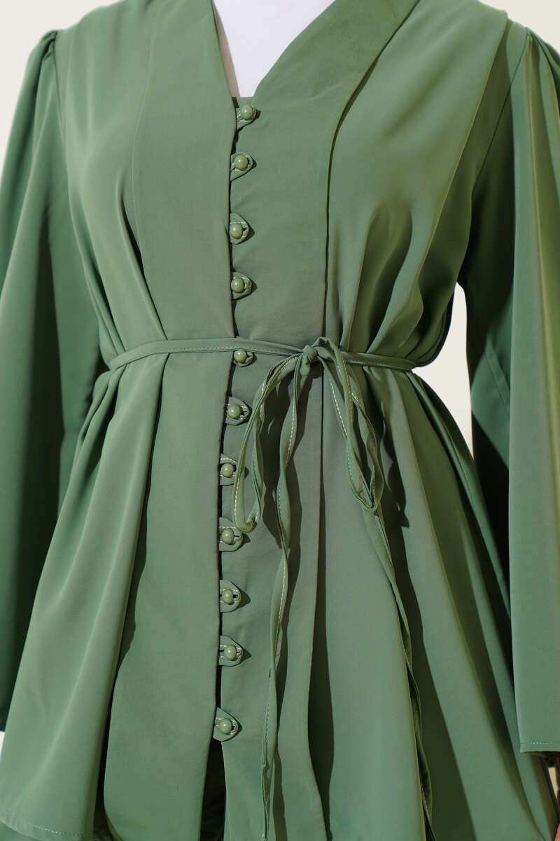 Tunic Two-Piece Set with Rivet Buttons and Tie Belt - Green