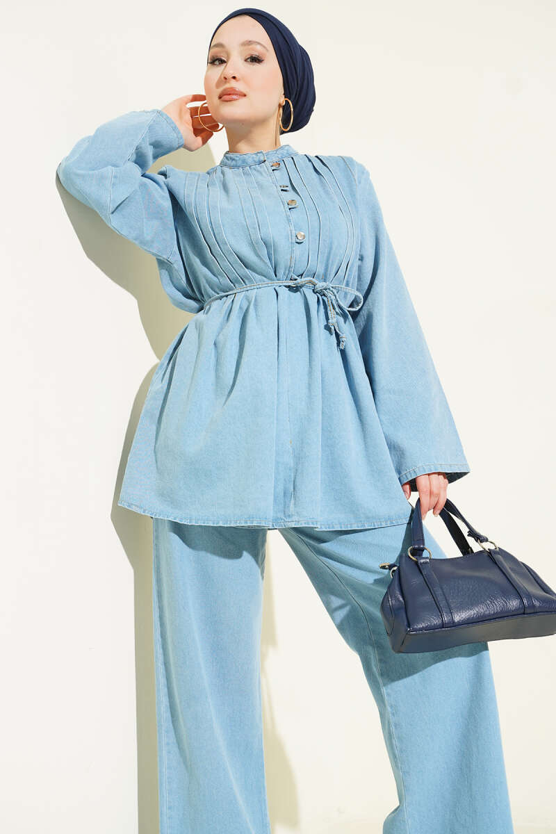 Rivet-Button Denim Two-Piece Set - Light Blue