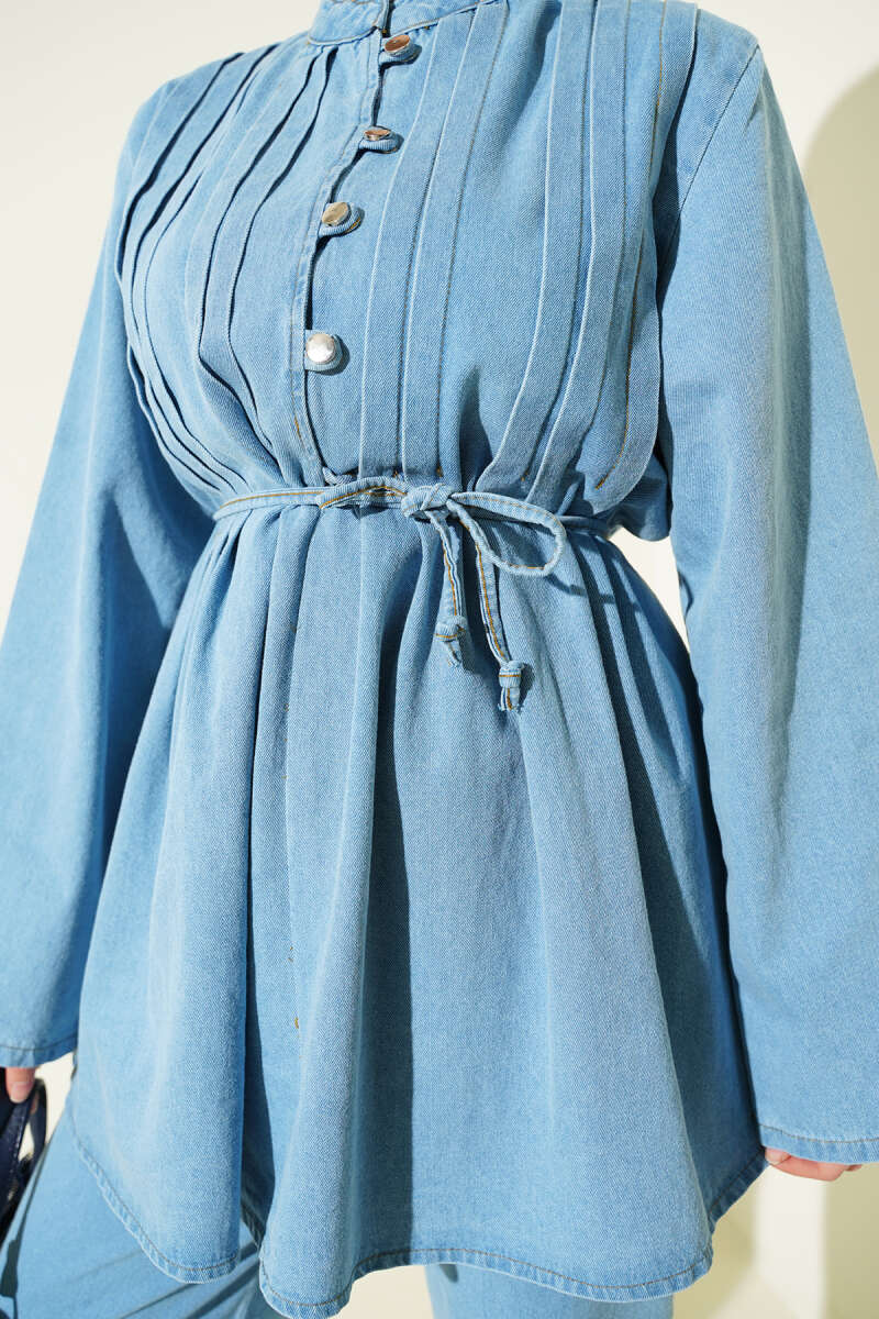 Rivet-Button Denim Two-Piece Set - Light Blue