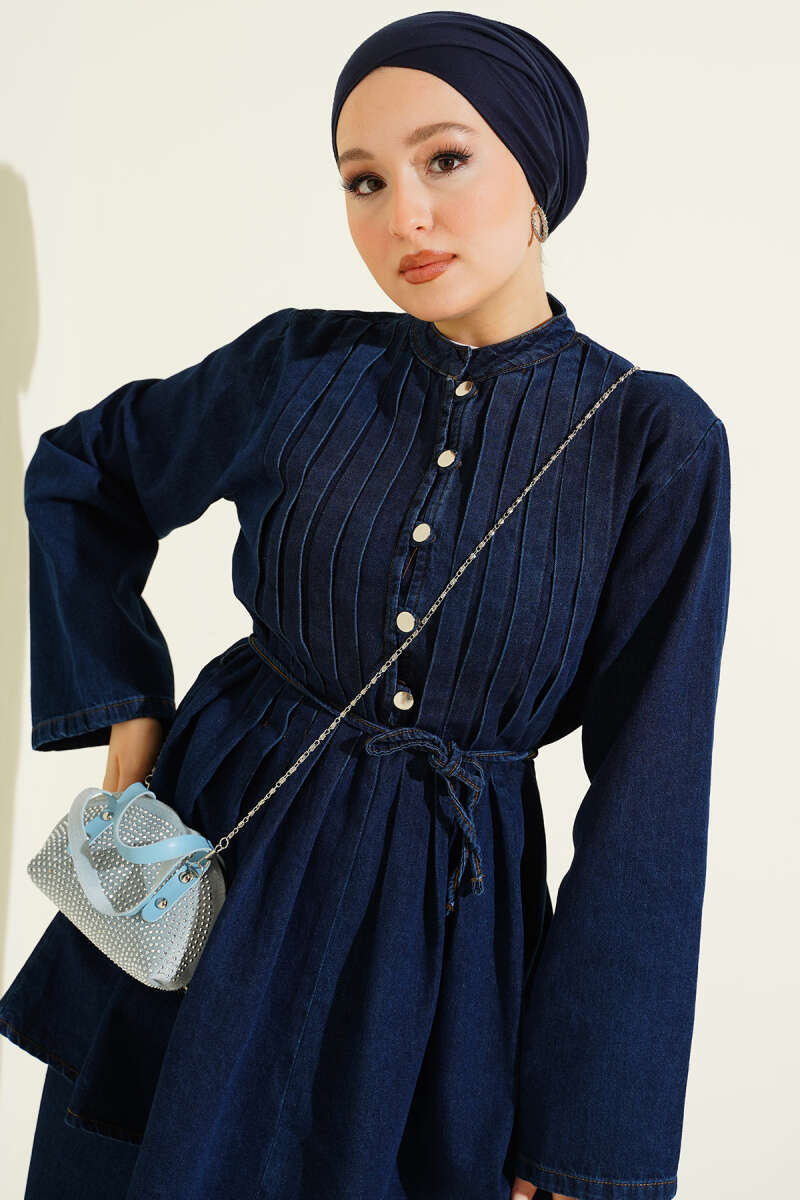 Rivet-Button Denim Two-Piece Set - Navy